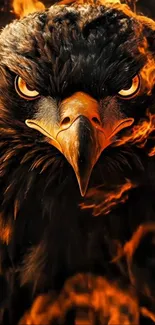 A fierce eagle surrounded by flames.