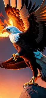 Eagle with fiery wings perched on a cliff, set against a gradient sky.