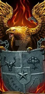 Fiery eagle perched on medieval shield with flaming background.