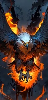 Fierce eagle in flames on dark sky background wallpaper.