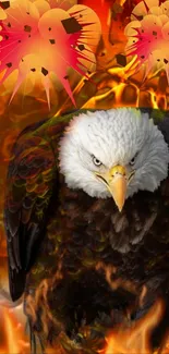 Fierce eagle in vibrant fiery background wallpaper.