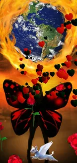 Fantasy scene with Earth, butterfly wings, and hearts.