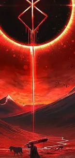 Fiery eclipse art wallpaper with red sky and night landscape.