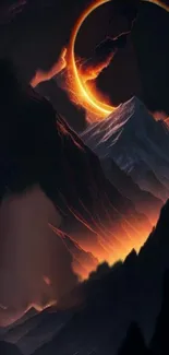 Fiery eclipse over dark mountain peaks.