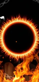 Fiery eclipse surrounded by flames and electric chains on a black background.