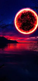 A fiery solar eclipse over a tranquil lake at night.