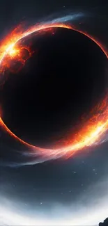 Fiery eclipse with dark sky and ocean waves backdrop.