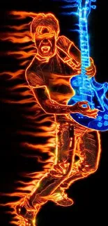 Fiery electric guitar with vibrant neon design on a black background.