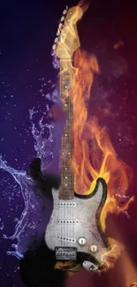 Artistic mobile wallpaper of a fiery guitar with water and fire elements.