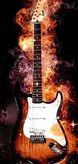 Fiery electric guitar art with vibrant flames and dark background.