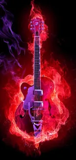 Electric guitar with red flames on black background.