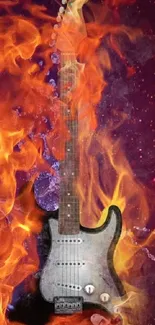 Electric guitar engulfed in vivid flames.