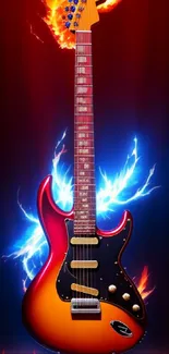 Fiery red and orange electric guitar with flames and blue sparks on a dark background.