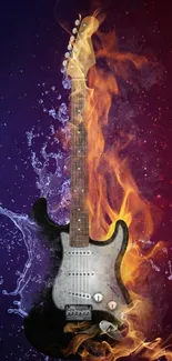 Electric guitar with vibrant fire and water effects in artistic mobile wallpaper.