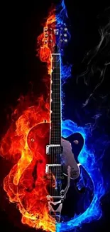 Electric guitar with blue and red flames on black background.