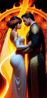 Fiery couple art with an elegant embrace in vibrant flames.