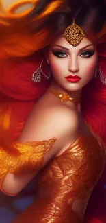 Mobile wallpaper featuring a woman with red flowing hair and golden accents.