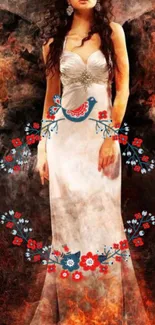 Woman in white gown with fiery background and floral designs.