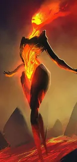 Fiery elemental figure surrounded by flames in fantasy art.