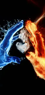 Artistic wallpaper depicting fiery and watery hands in contrast.