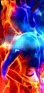 Blazing figures in fiery blue and orange embrace, creating dynamic phone wallpaper.