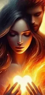 Romantic couple with a fiery heart glow.