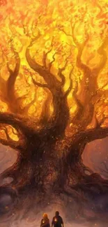 Fantasy fiery tree with two silhouettes under it, glowing vibrantly.