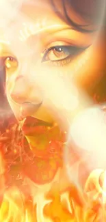 Ethereal woman's face amidst fiery and vibrant illumination.