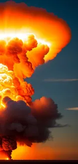 Fiery explosion lighting up the night sky with dramatic clouds.