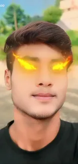 Portrait with fiery eye effects under a clear sky.