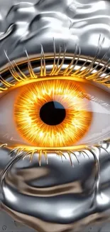 A vivid fiery orange eye on a textured metallic surface.