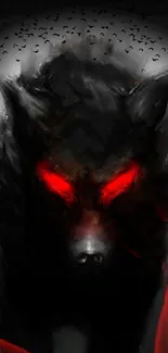 Dark wolf with fiery red eyes and smoke art design, black background.