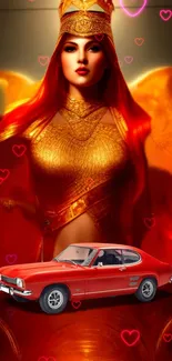 Fantasy goddess with car on vibrant heart backdrop.