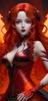 Fiery angel with vibrant red wings and hair in fantasy artwork.