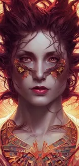 Fiery fantasy art portrait of woman with intricate mask and flowing hair.