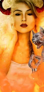 Fantasy art wallpaper with fiery tones featuring a woman and mystical creature.