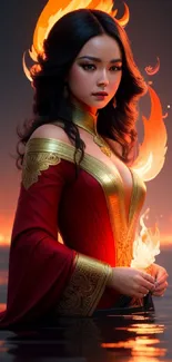 Fantasy art wallpaper of a fiery woman in a red gown surrounded by flames.