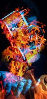 A camera engulfed in vibrant flames with a dark background.