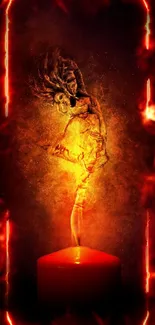 Fiery fantasy art with a glowing candle and a flame dancer on a dark background.