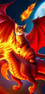 Fantasy cat riding a fiery dragon with vibrant colors.