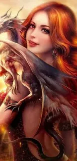 Fantasy scene with a red-haired sorceress and a dragon in fiery hues.