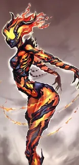 Fiery fantasy female figure in flame-themed abstract art design.