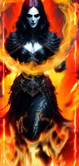 Gothic figure in flames on vibrant wallpaper.