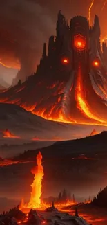 A fiery volcanic landscape with a dark fortress and molten lava flows.