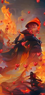 Fantasy art wallpaper with fiery figure and flames, perfect for mobile screens.