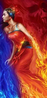 Fantasy character engulfed in fire and vibrant colors.