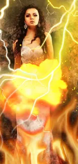 Fantasy theme wallpaper with fire and lightning effects on mobile screen.