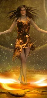 Ethereal figure dancing in flames with golden hues on mobile wallpaper.