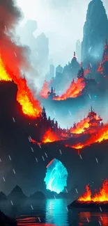 Fiery fantasy landscape with glowing lava and mountains.