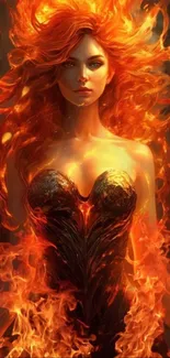 Fantasy woman engulfed in fiery flames, vivid mobile wallpaper.